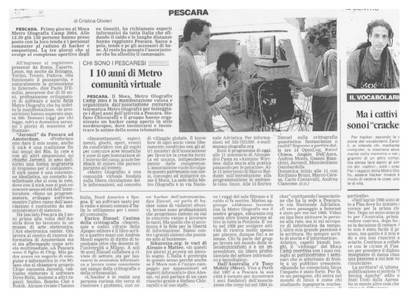 Rassegna Stampa - Metro Olografix - I 10 anni di Metro comunità virtuale - Il Centro 21/08/2004